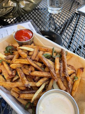 Fries with jalapeños and onions  at Laughing Seed Cafe in Asheville