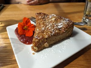 Peach almond cake at Laughing Seed Cafe in Asheville