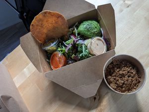 Tostada Ensalada (to go, worked great) at Laughing Seed Cafe in Asheville