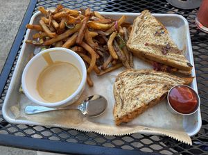 The sweet potato Ruben with Queso on the side.  at Laughing Seed Cafe in Asheville