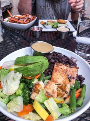 Harmony Bowl + avocado | Jalapeño fries + Fried Plantains  at Laughing Seed Cafe in Asheville