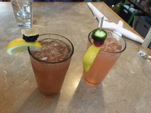 Blackberry ginger mint lemonade (left), raspberry jalapeño lemonade (right) at Laughing Seed Cafe in Asheville