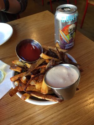 French fries and onions at Laughing Seed Cafe in Asheville