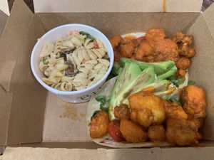 Buffalo Tacos with BLT Pasta Salad 🤩🤩🤩 at Laughing Seed Cafe in Asheville