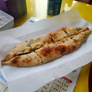 Stuffed pide, half with olives and half with spinach at Syrian Pie in Glasgow