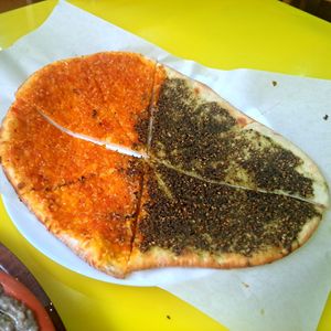 Half zaatar, half muhammara at Syrian Pie in Glasgow