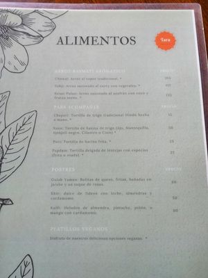 Menu 2 at Tara Indian Food in Tepoztlan