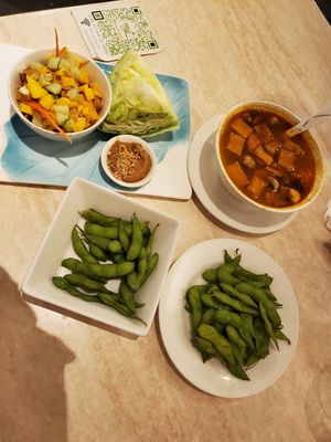 Edamame, Thai Mango Wraps, Tom Yum soup at My Thai & Vegan in Irving