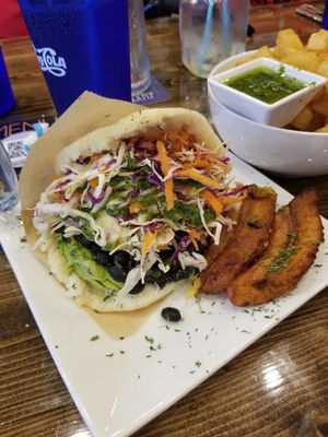 Vegan Arepa with black beans.  Plantains on the side. at Arepitas in Round Rock