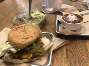 Guadalajara burger, chili, and potato salad!  at Chef Tanya's Kitchen in Palm Desert