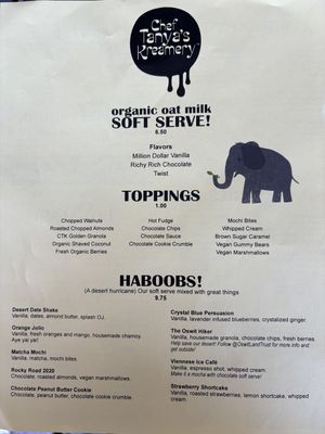 Menu for the Palm Desert Kreamery  at Chef Tanya's Kitchen in Palm Desert