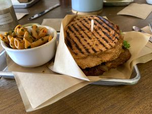Caprese Tempeh Burger with side of Smoked Chick'n Pasta at Chef Tanya's Kitchen in Palm Desert