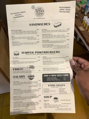 Front of menu at Chef Tanya's Kitchen in Palm Desert