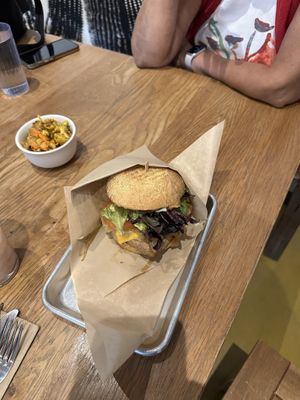 Vegan burger with potato flour bun.  Excellentt  at Chef Tanya's Kitchen in Palm Desert