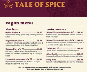 Vegan menu at Tale of Spice in Belfast