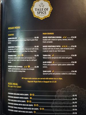 Vegan menu at Tale of Spice in Belfast