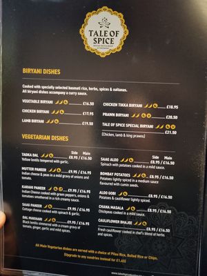 Veggie menu at Tale of Spice in Belfast