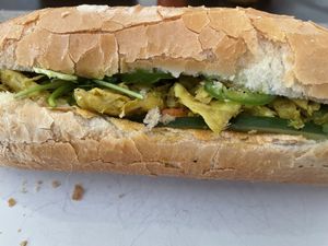 Lemongrass seitan bahn mi. Order without aioli to make vegan at Banh Mi Oi in Boston