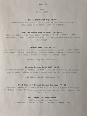 Menu at Fruit Shop in Belfast