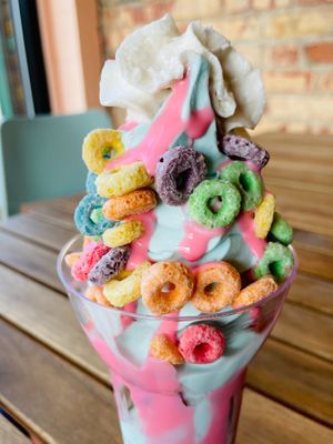 Tooty Frooty Sundae//Vanilla or vegan cereal milk soft serve, strawberry marshmallow sauce, tooty frootys, whipped cream//can be made vegan.   at Babe's Corner in Lansing