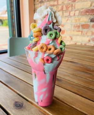 Tooty Frooty Sundae//Vanilla or vegan cereal milk soft serve, strawberry marshmallow sauce, tooty frootys, whipped cream//can be made vegan.   at Babe's Corner in Lansing