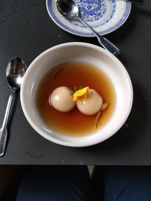 Ginger soup with peanut balls for dessert - amazing! at Rau in Malmo