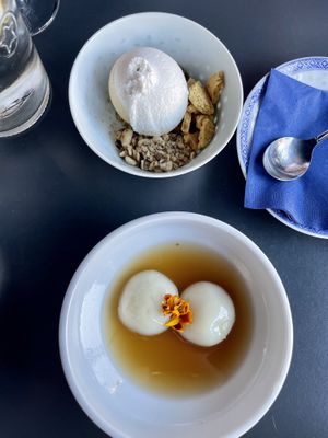 Coconut ice cream and tapioca balls with peanut butter and ginger sauce.  at Rau in Malmo