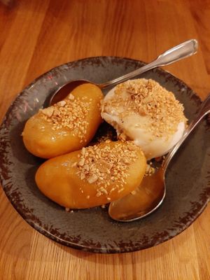 Deep fried banana and coconut ice cream  at Rau in Malmo