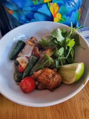 Pepper chicken with okra. at Rau in Malmo
