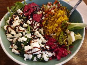 Bhakti bowl, was very filling but not fan of the vegN feta was too salty at Govinda's Cardiff in Cardiff