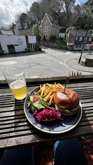 Beyond burger and Stone & Wood pacific Ale  at The Taphouse in St Agnes