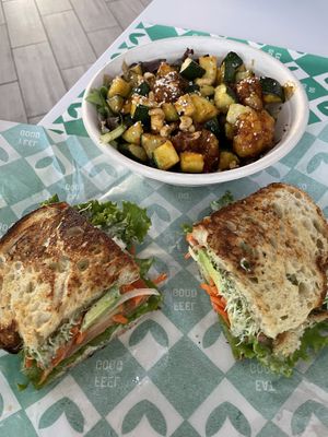 Stacked veggie sandwich and cauliflower bowl  at VEG'D in Costa Mesa