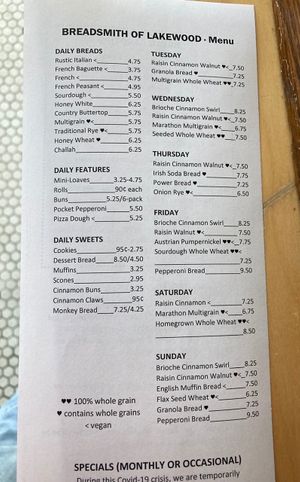 Daily menu list at Breadsmith of Lakewood in Lakewood