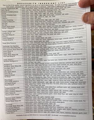 Ingredient list at Breadsmith of Lakewood in Lakewood