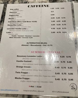 Beverage menu  at Caffeine in Lakewood