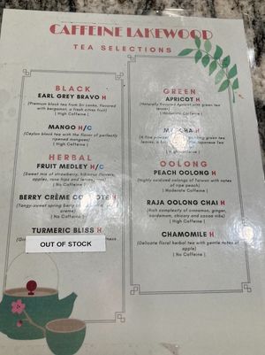Tea menu at Caffeine in Lakewood