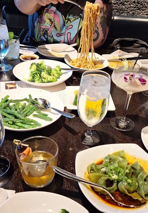 Broccoli with garlic (top, left), Vegan noodles with spicy sauce (top, right), string beans with garlic (middle, left), vegan spicy wontons (bottom right) at Din Tai Fung in Las Vegas