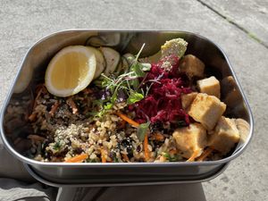 The brunch bowl (without the miso tahini). Great savoury, wholesome dish    at Orlando Plenty in Hobart