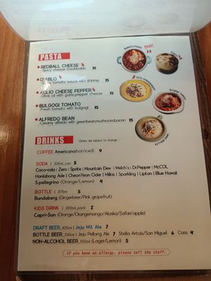 Pasta & drink menu at Stove On 스토브온 in Jeju