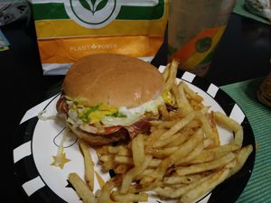 "Bacon cheese burger" with fries & chocolate peanut butter shake (already empty cause it was that good) at Plant Power Fast Food in Sacramento