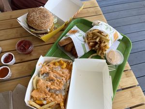 Big Zac, chicken fingers, iconic fries and reg fries  at Plant Power Fast Food in Sacramento