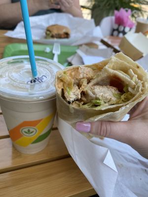 Chicken wrap with coffee milkshake  at Plant Power Fast Food in Sacramento
