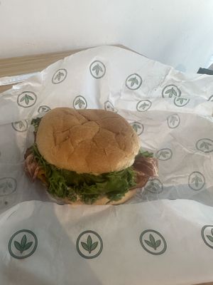 Chicken sandwich added bacon  at Plant Power Fast Food in Sacramento