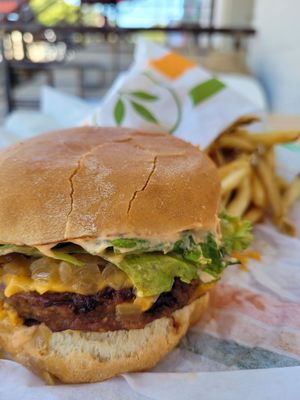 She's saucy. at Plant Power Fast Food in Sacramento