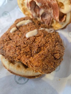 Chicken and waffle sandwich at Plant Power Fast Food in Sacramento