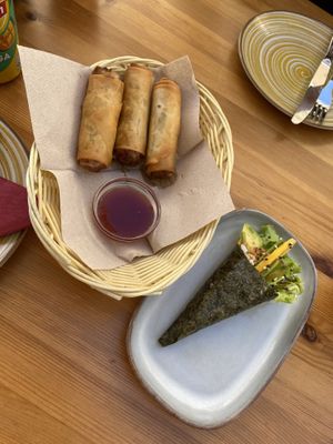 Veg spring rolls and vegan temaki  at Sushi Taki in Quarteira
