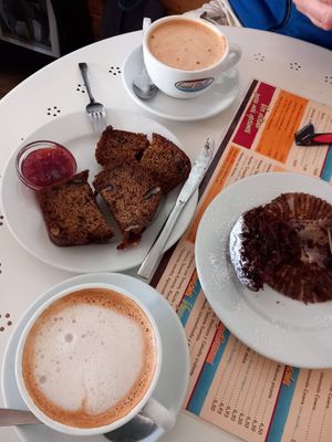 Banana & walnut loaf, chocolate orange muffin, oat milk coffee ☕️ 😋 at Good Stuff Cafe in Nerja