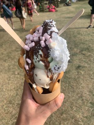 Bubble waffle with ice cream and toppings   at Lick in Holmfirth