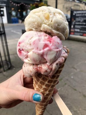 Banana fudge, raspberry ripple , and cherry chocolate, in waffle cone. £5  at Lick in Holmfirth