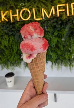 Cherry Bakewell, strawberry and raspberry ripple ice cream with sherbert at Lick in Holmfirth